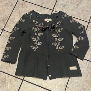 Odd Molly Grey Floral Embroidered Cardigan with Ribbon Tie XS